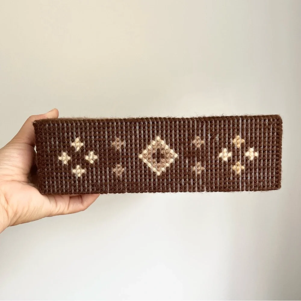 Vintage Handmade Needlepoint Card or Trinket or Keepsake Box Brown Diamonds